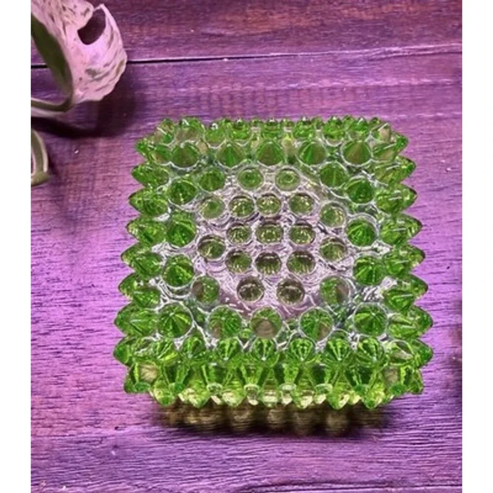 2 Fenton Hobnail Square Green Salt Cellar Tea Light Candle Holders